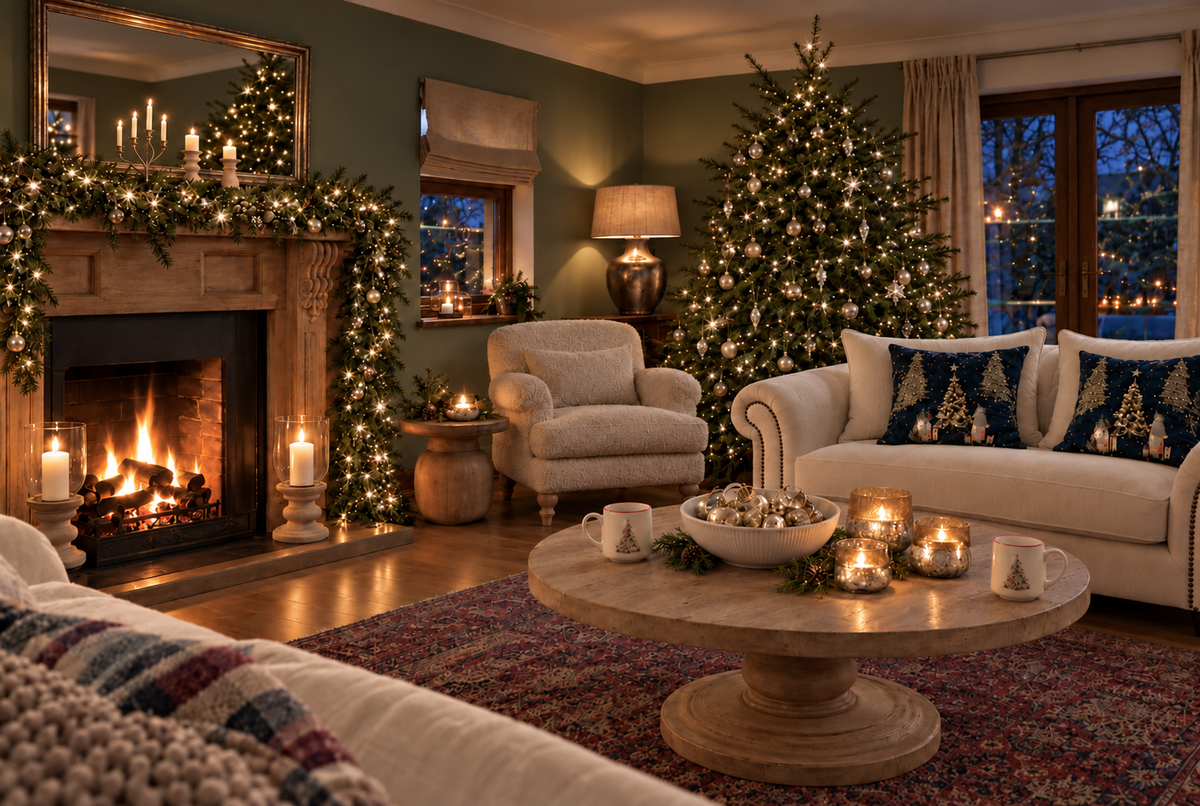 A softly lit Christmas living room with a decorated tree and festive greenery
