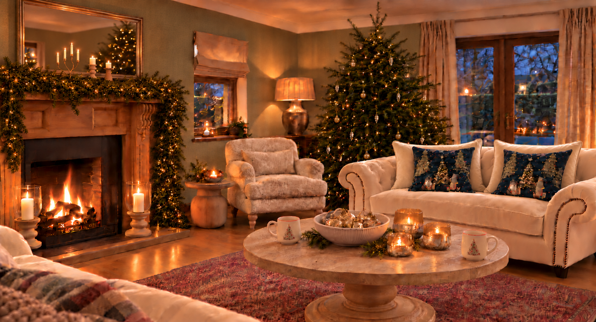 A softly lit Christmas living room with a decorated tree and festive greenery