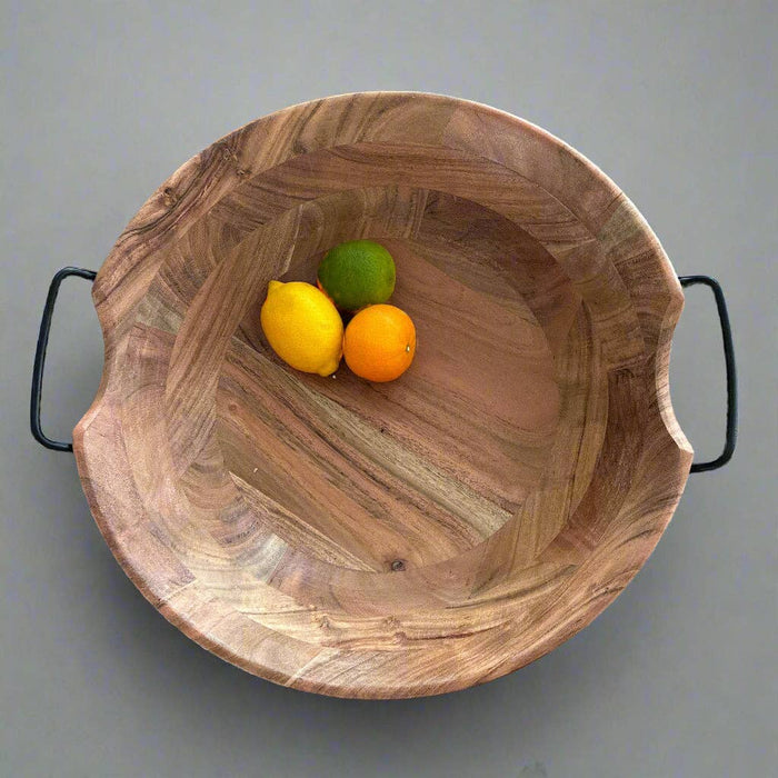 Large Acacia Wood Serving Bowl with Metal Handles