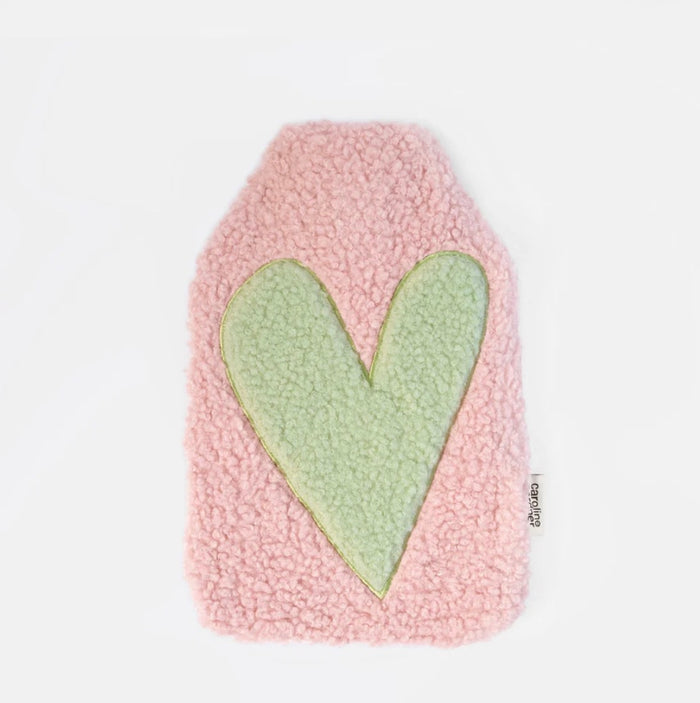 Light Pink & Green Heart Borg Hot Water Bottle