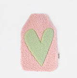 Light Pink & Green Heart Borg Hot Water Bottle