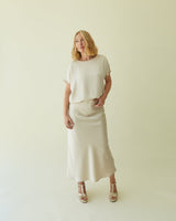 CHALK Maeve Satin Bias Midi Skirt in Champagne