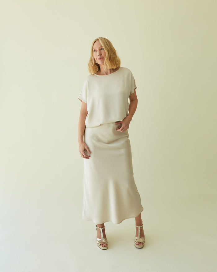 CHALK Maeve Satin Bias Midi Skirt in Champagne