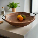 Large Acacia Wood Serving Bowl with Metal Handles