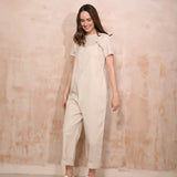 Luxury Linen Cropped Dungarees - Soft Stone