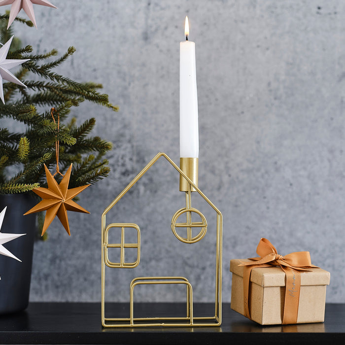 Gold Metal House Christmas Candle Holder - Brass