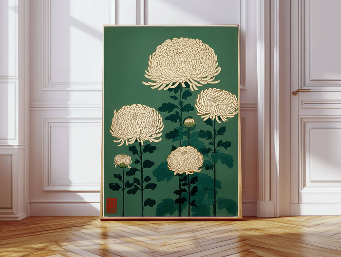 Japanese Chrysanthemum Green Floral Art Print – A3