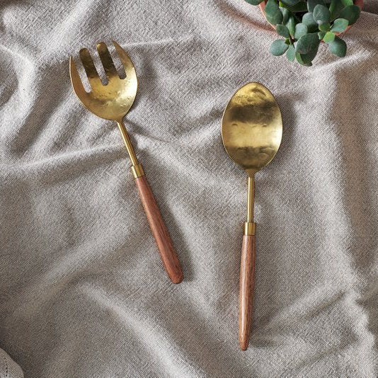 Soni Salad Servers - Gold & Acacia (Set of 2)
