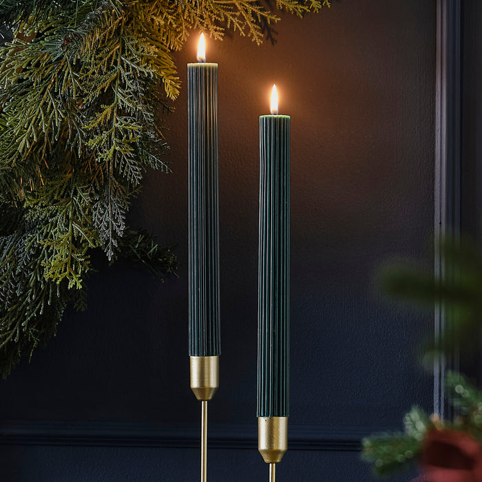 Dark Green Christmas Table Ribbed Dinner Candles (Pack 2)p